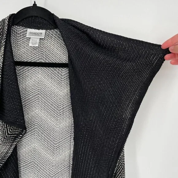 Chicos Travelers Chevron Print Mesh Open Cardigan Size L Black White Lightweight - Picture 3 of 11